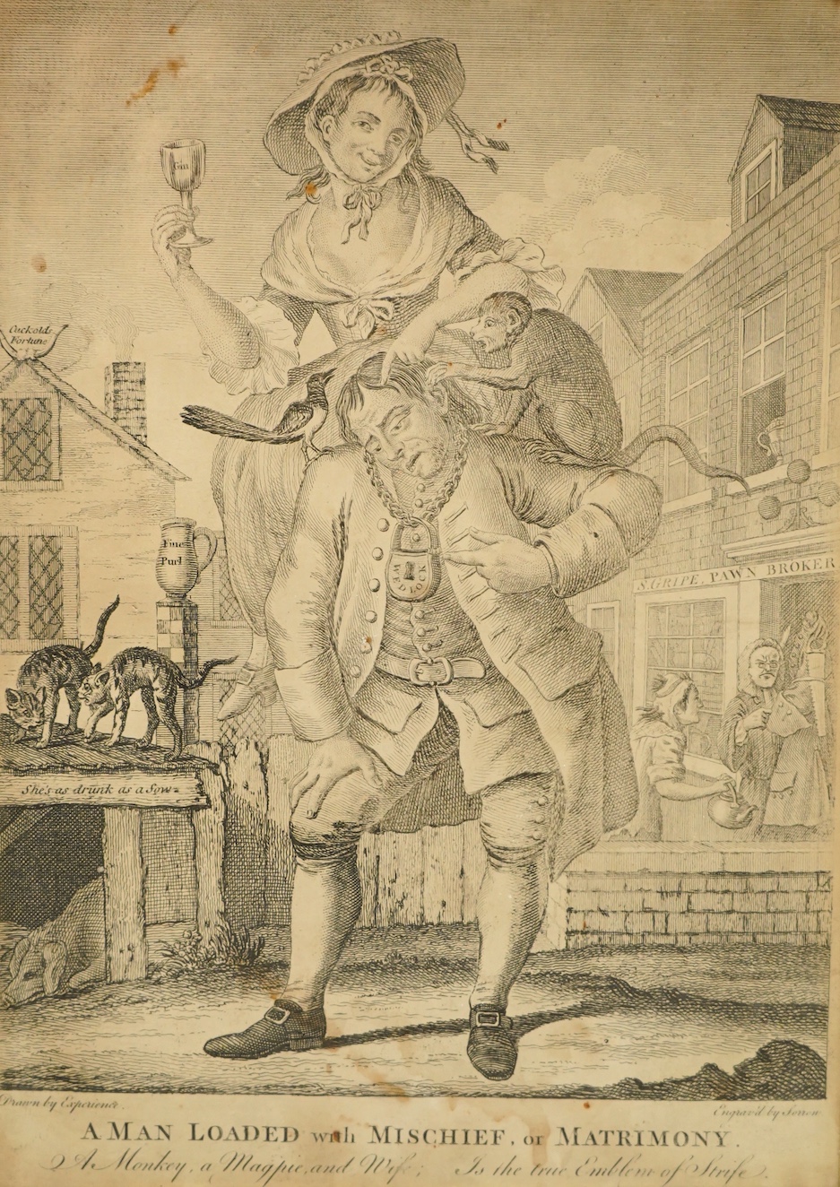 After William Hogarth (1697-1764), satirical print, 'A man loaded with mischief or matrimony', 34 x 23cm. Condition - poor to fair, staining commensurate with age